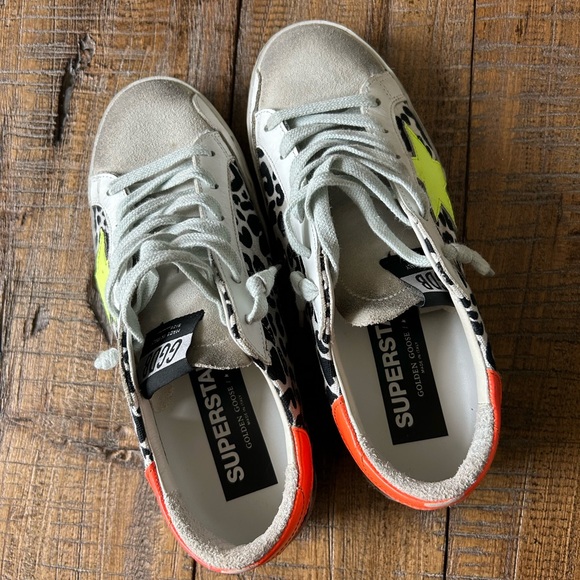 Golden Goose Super-Star Leopard Orange Heel Neon Yellow Star Sz. 8/38 - Picture 5 of 8